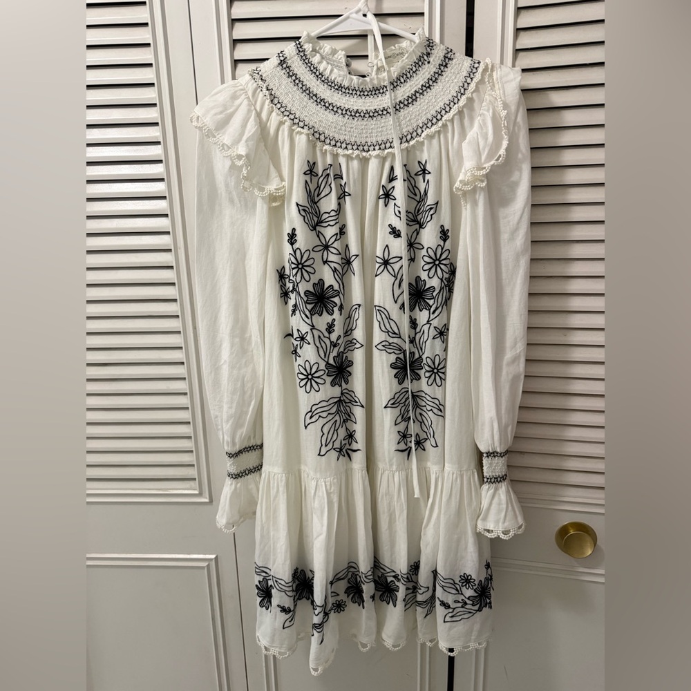 Embroidered White and Black Floral Dress